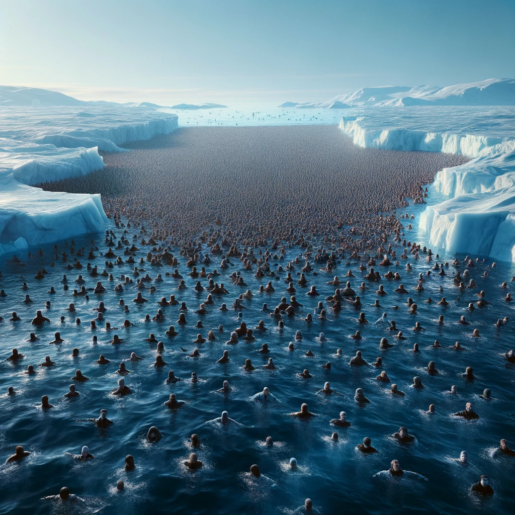 Hundreds of thousands of people standing in the arctic ocean, water up to their eyeballs.