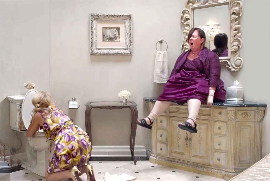 A still from the movie Bridesmaids where Melissa McCarthy sits on a sink with explosive diarrhea