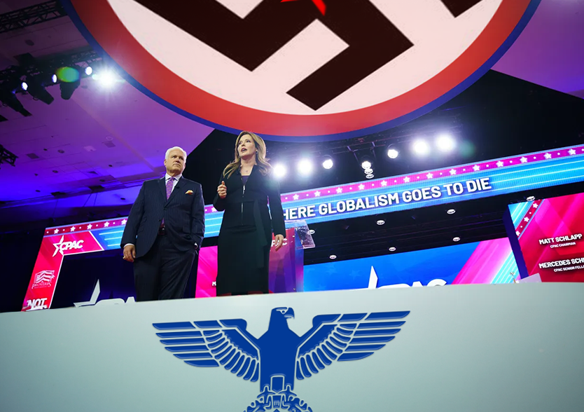 A satirical Photoshopped image of Matt and Mercedes Schlapp under a huge swastika at CPAC