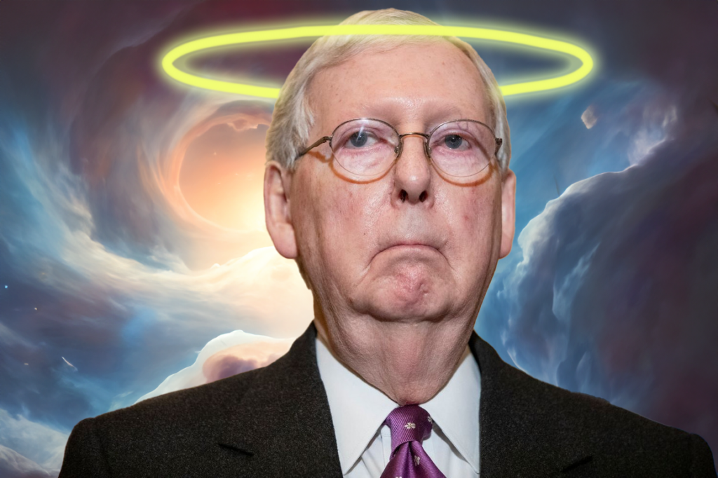 Mitch McConnell in heaven with a halo around his head.