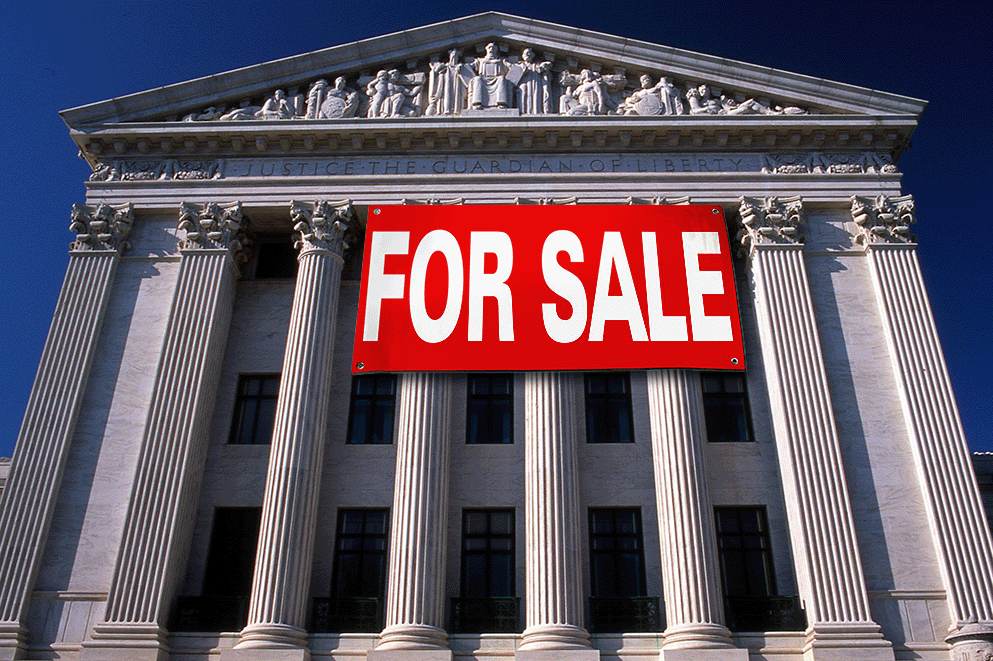 An image of the Supreme Court building with a For Sale banner hanging from the front.