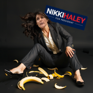 A satirical image of Nikki Haley slipping on a banana peel