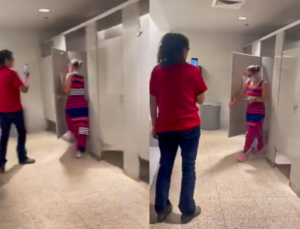 Kyrsten Sinema being followed into a bathroom stall